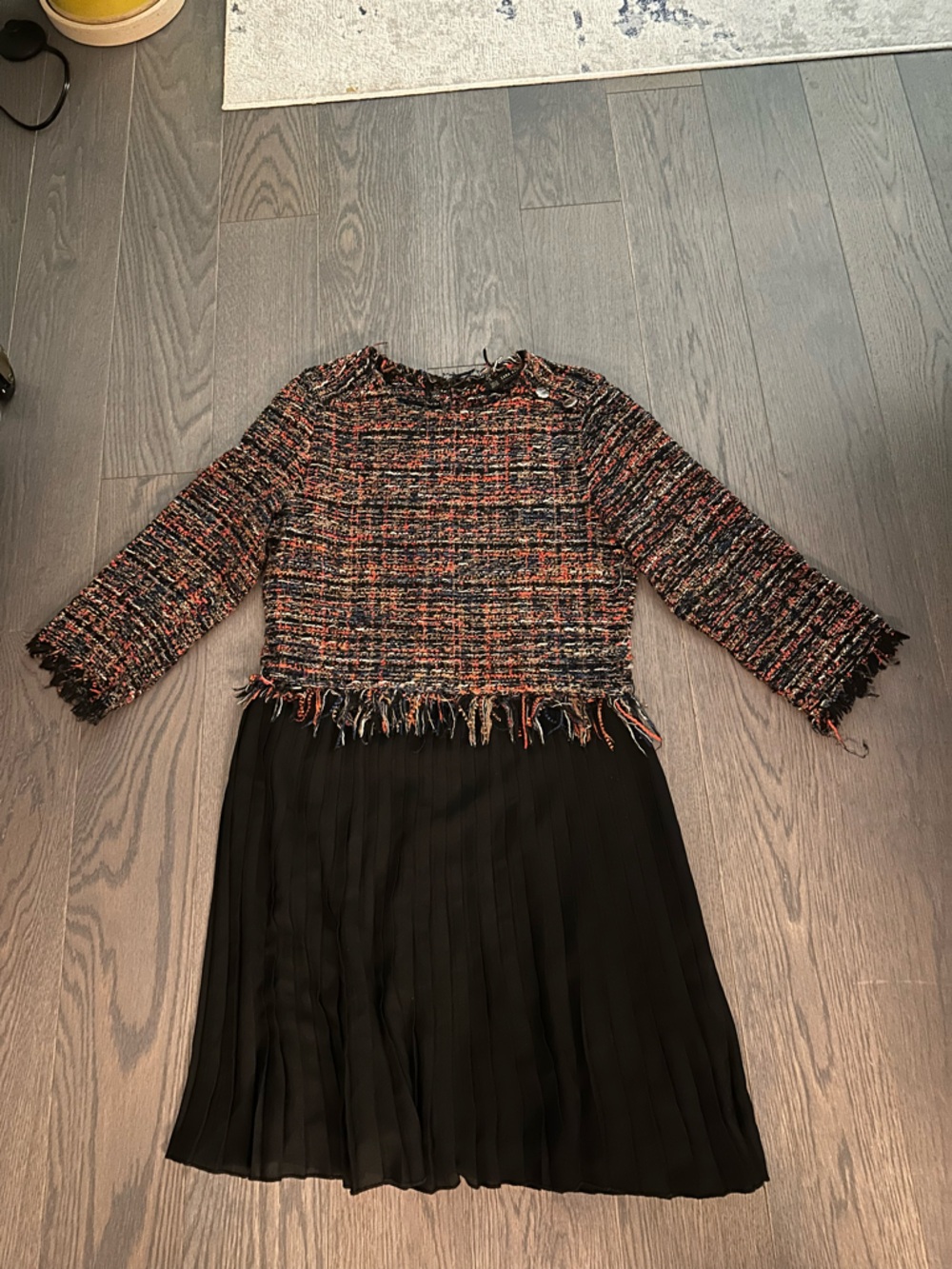 Zara - Textured Multi-Color Tweed Top with Black Pleated Skirt Dress - XS